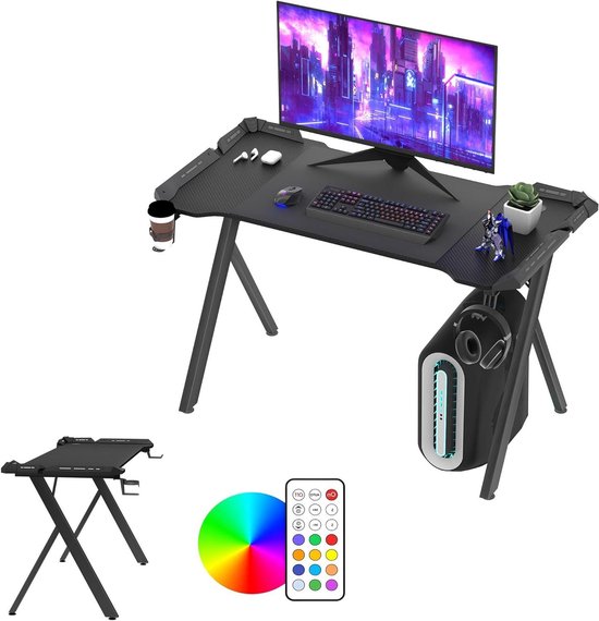Gamingtafel - Computertafel Bureau - Gamen Werken - RGB LED Verlichting - 120x60x75cm - Zwart van Merkloos