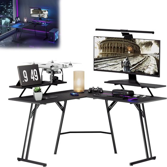 Gamingtafel, computertafel, groot bureau, L-vormig hoekbureau, gamingtafel, pc-tafel, royaal werkblad met beeldschermhouders, 120 x 73 x 46 cm