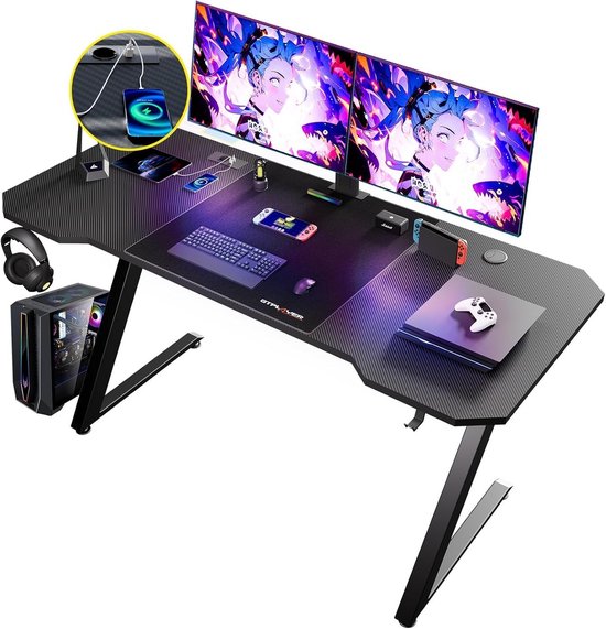 Gamingtafel en bureau 120 x 60 cm met koolstofvezeloppervlak en hoofdtelefoonhaak, zwart