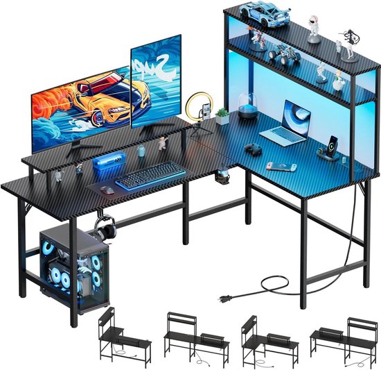 Gamingtafel Hoekbureau - Computertafel Werkplek - Ruimte Optimaliseren - Intelligente Ledverlichting Stopcontacten - 150 x 100 cm - Zwart Koolstofvezel