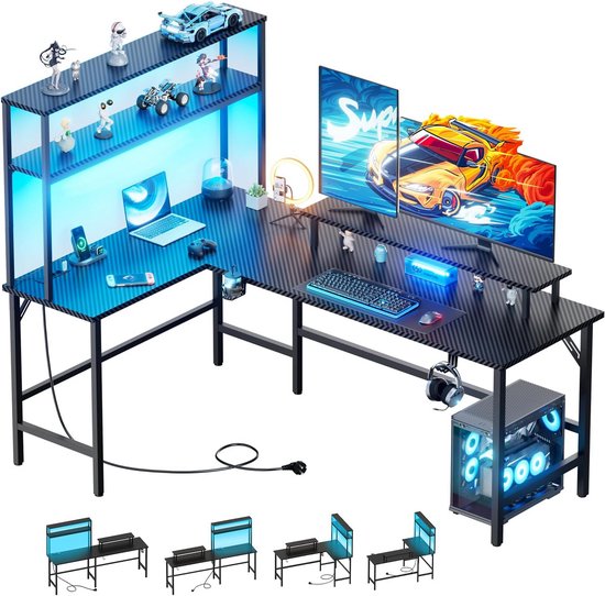 Gamingtafel Hoekbureau - Computertafel Werkstation - Professioneel Werken Spelen - Geïntegreerde LED Verlichting - 150 x 100 cm - Zwart Koolstofvezel