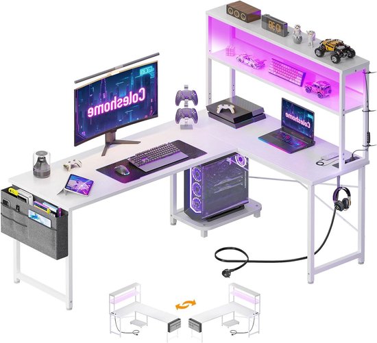 Gamingtafel L-vorm - Hoekbureau met opbergrek - Thuiskantoor en gaming - Geïntegreerde stopcontacten en LED - 155x100 cm - Wit van Merkloos