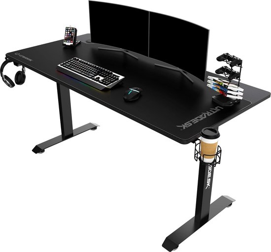 Gamingtafel met groot werkblad, XXL muismat, telefoonhouder en bekerhouder - Stalen constructie, 130 kg laadvermogen - Zwart, 152,5x70 cm