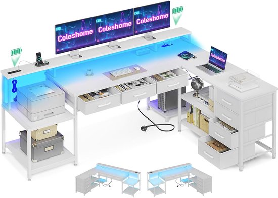 Gamingtafel met Hoekbureau, RGB-LED, 7 Laden en Opbergruimte voor Kantoor en Gaming van Merkloos