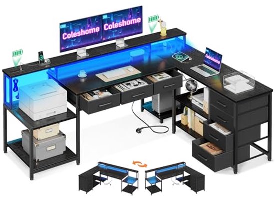 Gamingtafel met Hoekbureau, RGB-LED, 7 Laden en Opbergruimte voor Kantoor en Gaming