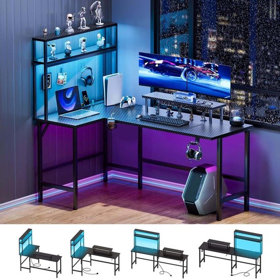 Gamingtafel met led - Hoekbureau computertafel - Thuiswerken gamen - Met opzetrek monitorstandaard - 150 x 100 cm - Zwart koolstofvezel