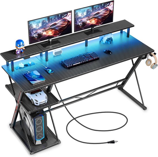 Gamingtafel met LED-verlichting en stopcontacten - 140 cm - met monitor- en CPU-houder, haken en voetensteun van Merkloos