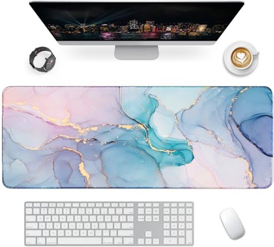 Giecy Gaming-muismat XXL, groot 900 x 400 mm, bureauonderlegger met antislip rubberen basis, bureaumat voor toetsenbord, pc, laptop(Roze marmer cyaan)