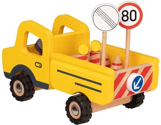 Goki Houten Werkvoertuig met Verkeersborden, 7dlg. van Goki