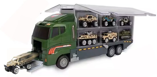 Goodz4All Leger Speelgoed Vrachtwagen Auto met 6 Mini Autootjes - Transportwagen met 6 Miniatuur Auto’s Pick Up Truck Tank - Trailer Autotransporter met Kleine Autootjes Voertuigen - Vrachtwagen met Auto´s erin Transportauto – Militair Soldaat van Goodz4All