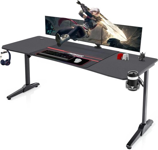 Groot Ergonomisch Gamingbureau met Kabelopslag en Hoofdtelefoonhaak – 180 x 60 cm van Merkloos