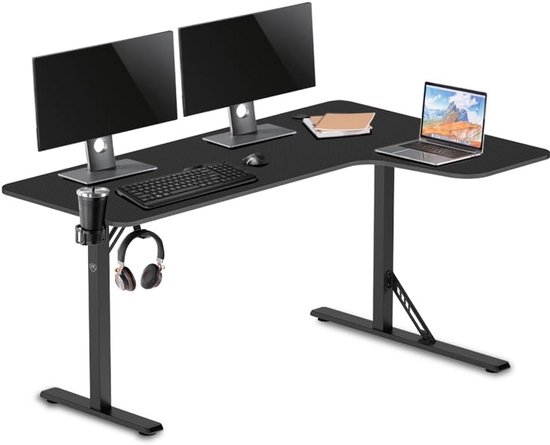 Groot L-vormig Gaming Bureau Hoektafel 160 cm met Bekerhouder en Koptelefoonhaak van Merkloos