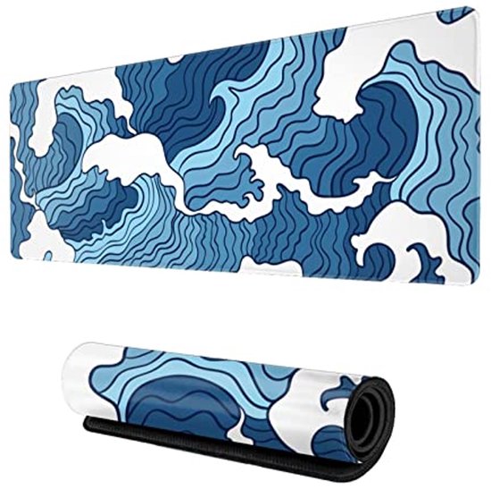 Grote antislip gaming muismat in blauw-wit Japanse golfdesign - XL bureaumat met gestikte randen