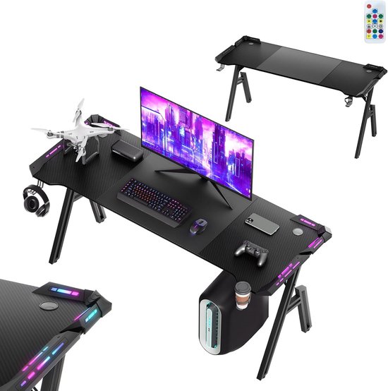 Grote Gaming Desk met RGB LED Verlichting en Opslaghaken van Merkloos