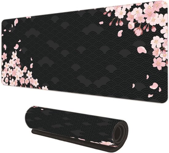 Grote gaming muismat 800 x 300 mm met antislip basis en gestikte randen - Kersenbloesem design van Merkloos