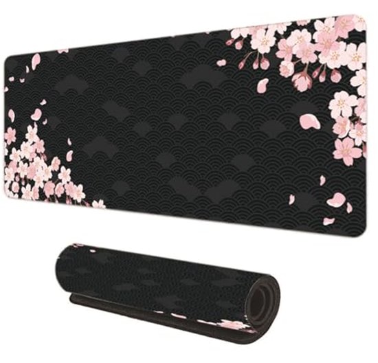 Grote gaming muismat 800 x 300 mm met antislip basis en gestikte randen - Kersenbloesem design