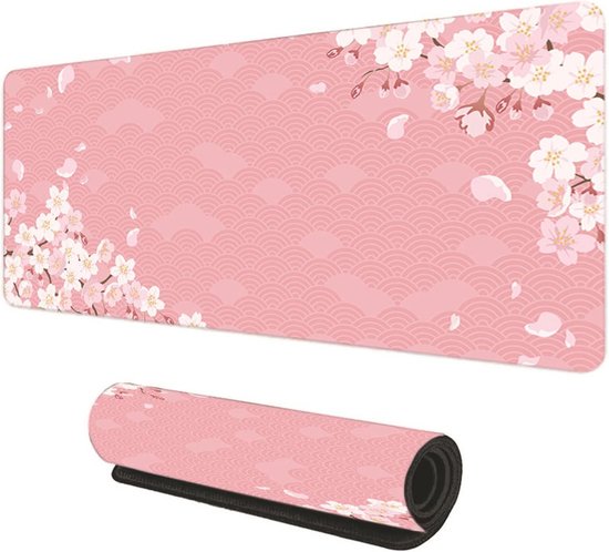 Grote Gaming Muismat 80x30cm met Kersenbloesem Design - Antislip Bureaumat met Gestikte Randen