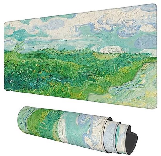 Grote gaming muismat met antislip basis en gestikte rand - 90 x 40 cm veldlandschap olieverfschilderij van Merkloos