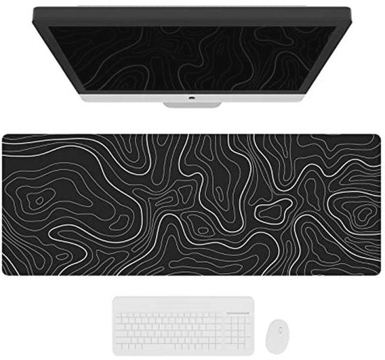 Grote Gaming Muismat met Gestikte Randen, Topografische Kaarten, XL Muismat met Antislip Onderkant, Coole Bureaupad voor Toetsenbord en Muis, 90 x 40 cm, Zwart van Merkloos