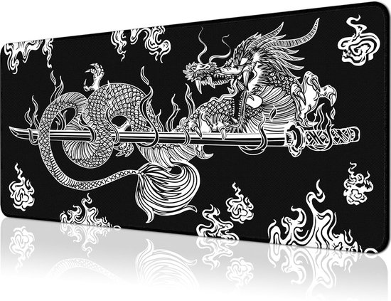Grote Gaming Muismat met Japanse Draak Design - 80 x 30 cm - Antislip Rubberen Basis - Gestikte Rand - Waterafstotend - Voor Muis en Toetsenbord