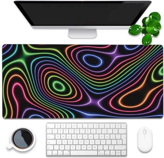 Grote Gaming Muismat met Neon Topografische Contouren - Antislip en Gestikte Rand van Merkloos