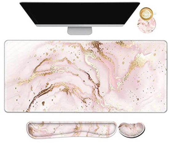 Grote gaming muismat set met polssteun - antislip en geheugen foam voor kantoor en thuis - roze marmer van Merkloos