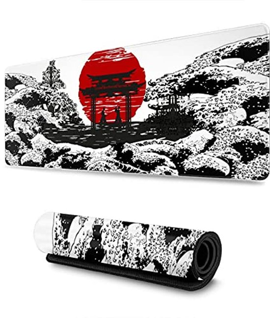 Grote Gaming Muismat XL met Japanse Golven, Gestikte Randen en Antislip Ondergrond 31,5 x 11,8 Inch van Merkloos
