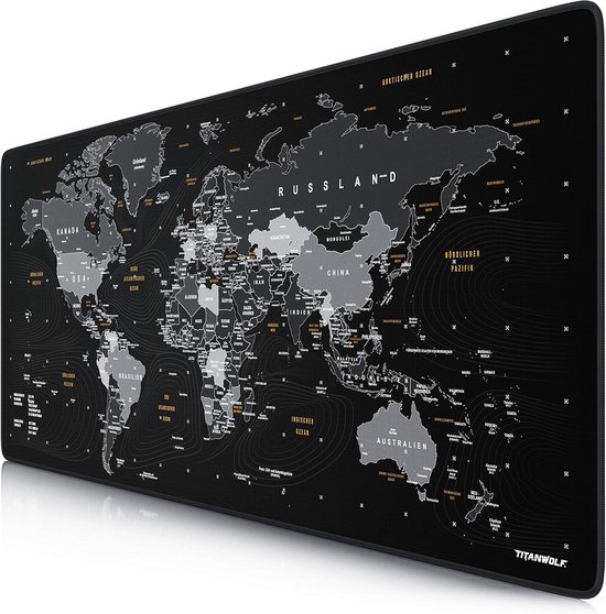 Grote Gaming Muismat XXL - 900 x 400 mm Wereldkaart - Zwart van Merkloos