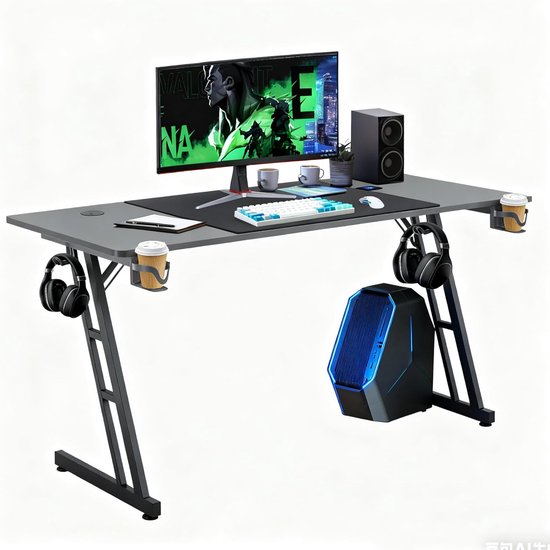 Grote Gaming PC Tafel 160x60 cm Zwart - Stabiel Bureau met Carbon Fiber, Kopjeshouder en Kabelgaten