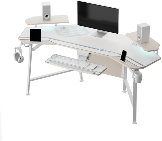 Grote Gamingtafel met LED, Vleugelvormig Bureau met Monitorsteunen en Uitschuifbaar Toetsenbordblad
