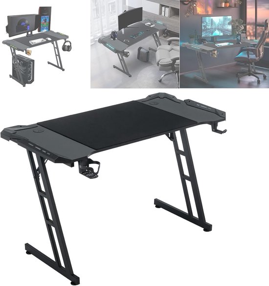 Grote Gamingtafel Zwart met Bekerhouder en Koptelefoonhaak 120x60 cm van Merkloos