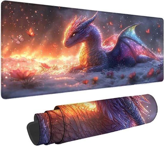 Grote Muismat - Bureaumat XL - Gaming Kantoor - Gestikte Randen - 100x50cm - Paars Draken van Merkloos