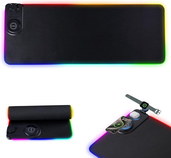 Grote RGB Gaming Muismat met 15 Lichteffecten en 15W Draadloos Opladen