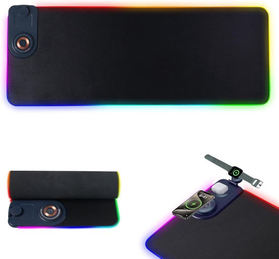 Grote RGB Gaming Muismat met Draadloos Opladen voor Telefoon, Horloge en Hoofdtelefoon