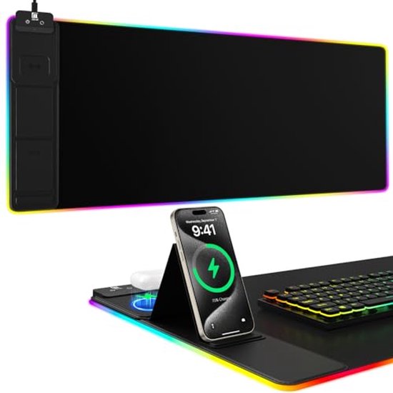 Grote RGB Gaming Muismat met Telefoonhouder en Draadloos Opladen van JIALONG