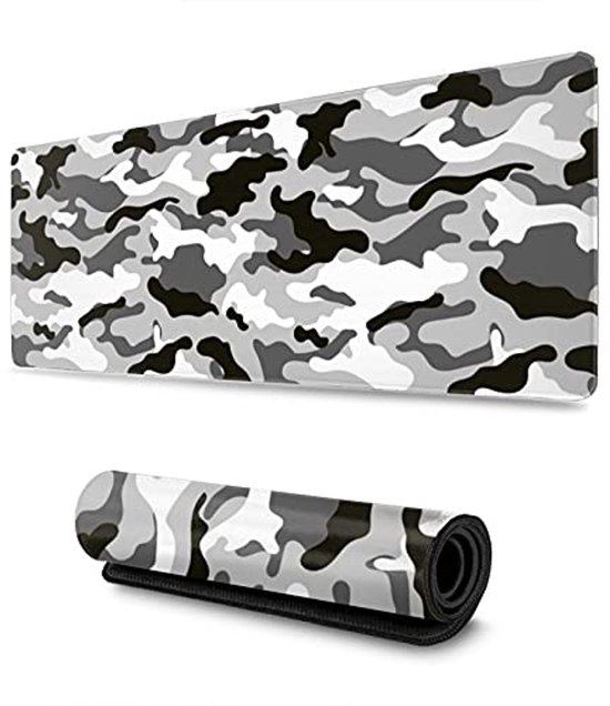 Grote XL Gaming Muismat Camouflage - Zwart Grijs Wit Lang Desk Mat voor Thuis en Kantoor