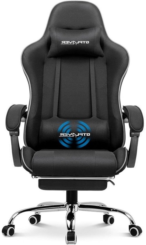 GTPLAYER Gamingstoel met massage - Ergonomische bureaustoel met voetsteun - Verstelbare hoofdsteun en lendensteun - In hoogte verstelbaar - Zwarte stoffen uitvoering van GTPLAYER