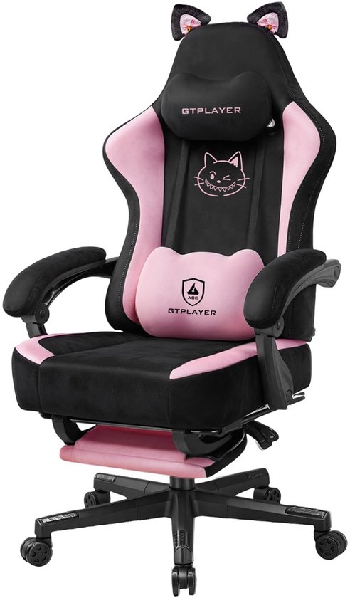 GTPLAYER Leuke gamingstoel met fluwelen stof, ergonomische bureaustoel, gamingstoel met kattenoren, traagschuim en - ShopVlot