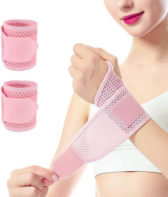 Handbandage, 2 stuks, roze bandage pols met opbergtas, ademende polsbandage met duimlus, geschikt voor peesschedeontsteking, sport en werk
