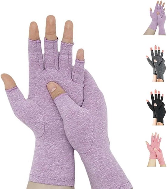 Handschoenen, vingerloze compressiehandschoenen voor dames en heren, polsondersteuning, reumatoïde artritis, osteoartritis, Raynaud-syndroom, ademend, typen, rijden, werk, lila, L