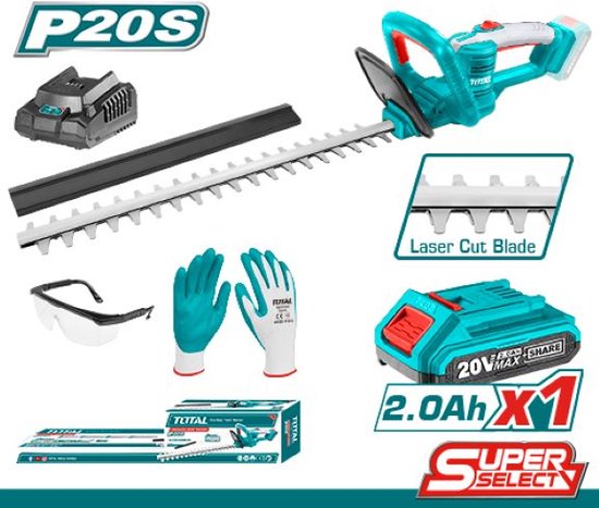 Heggenschaar - Lithium ion 2,0ah 20V - 460mm blad lengte - max. 18mm snijdiameter - Inclusief 1x accu, 1x lader, 1x veiligheidsbril & 1x veiligheidshanschoenen van Ferm