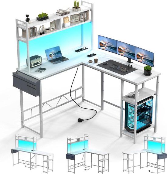 Hoekbureau - Computer bureau - Thuiswerken en gamen - Geïntegreerde stopcontacten - 140 x 120 cm - Wit