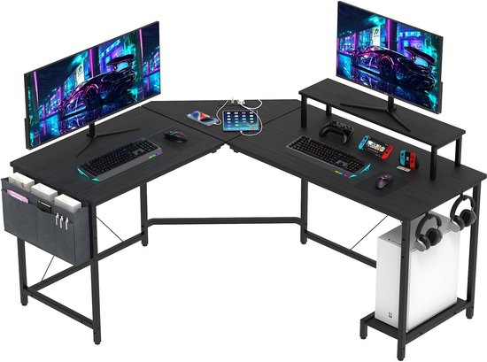 Hoekbureau L-vorm Carbon Fiber Gaming Bureau met Monitorstandaard en Oplaadpunt