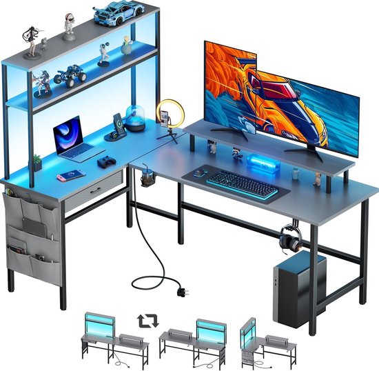 Hoekbureau met Opbergruimte - Computer Tafel - Thuiswerken en gamen - Geïntegreerde LED en USB - 150 x 100 cm