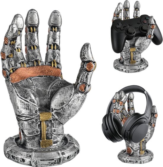 Hoofdtelefoonstandaard - Controllerhouder - Bureau Organisatie - Futuristisch Harsdesign - 16 x 9 cm - Metaallook van Merkloos