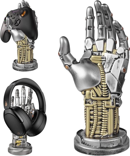 Hoofdtelefoonstandaard Controllerhouder - Gaming Accessoires Bureau - Bureau Organisatie - Cyberpunk Hand Design - 24 x 9 cm - Zilver