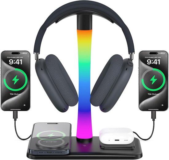 Hoofdtelefoonstandaard Oplader - Gaming Accessoire - Bureau Organisatie - Meerdere Apparaten Opladen - 10 Inch Hoog - Zwart