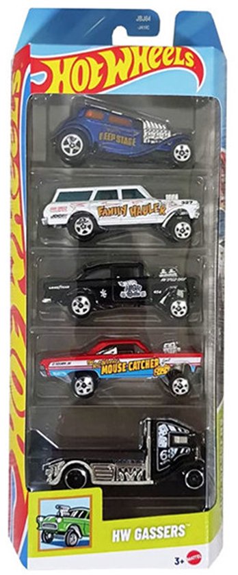 HOT WHEELS 5 IN BOX '55 CHEVY BEL AIR GASSER, '65 MERCURY COMET CYCLONE, '64 CHEVY NOVA GASSER, STRAIGHT PIPES TRUCK FAST-BED HAULER 1:64 5-PACK van Merkloos