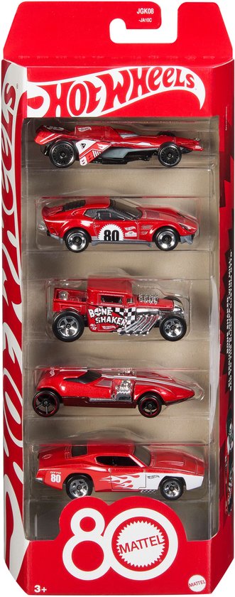 Hot Wheels Core Mattel 80e Verjaardag 5-Pack Speelgoedauto's op Schaal 1:64 met Verzamelbare Decoratie van Hot Wheels