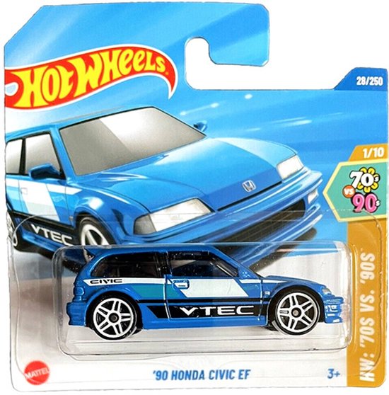 HOT WHEELS HONDA '90 CIVIC EF V-TECH BLUE WHITE 28/250 1:64 HW '70S VS '90S (HYW81-N521) SHORT CART van Hot Wheels